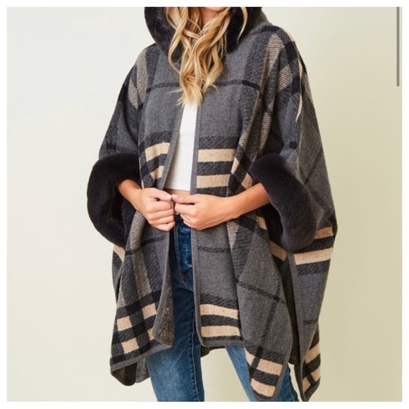#47 Boho Fabulous Plaid Fur Trim Hooded Oversized Cozy Jacket Poncho - Picture 10 of 11